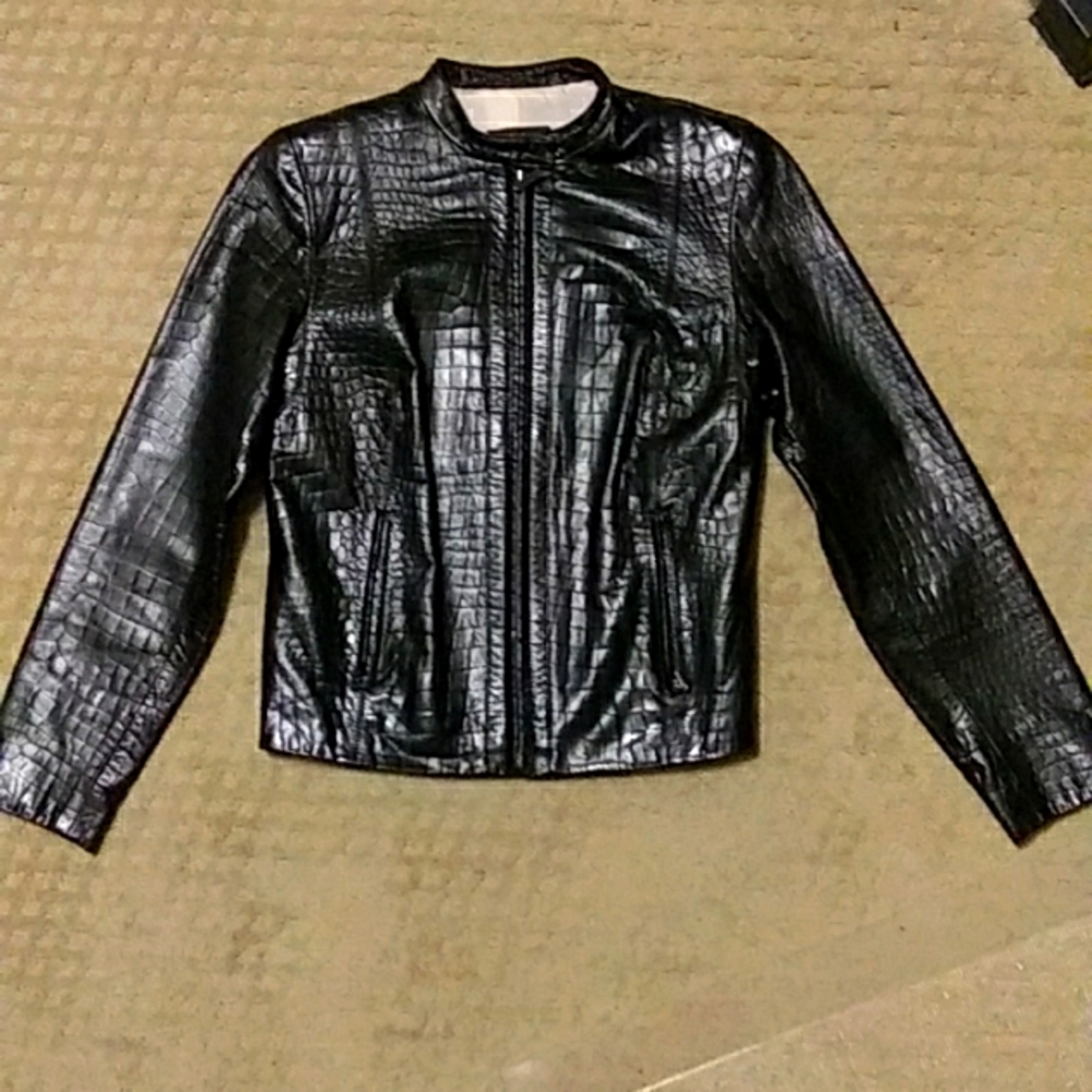 Cole Haan Collection lambskin croc leather racer moto jacket